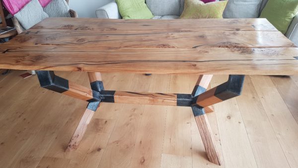 3 oak board table with metal bracket legs